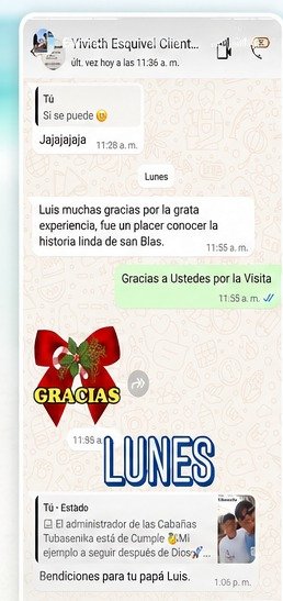 Captura de conversación de WhatsApp: cliente agradeciendo la visita en familia